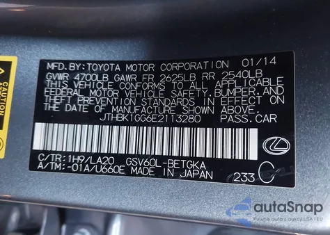 2014 Lexus Es 350 from USA, damaged, VIN JTHBK1GG6E2113280